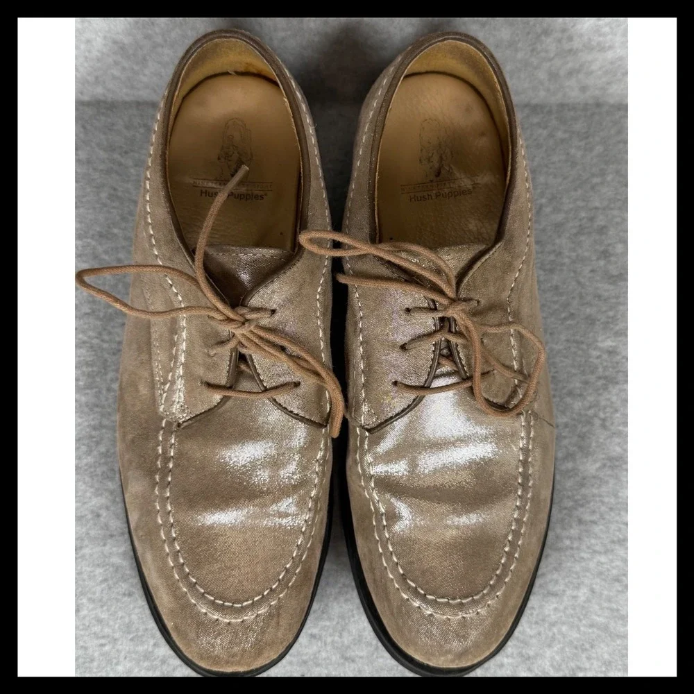 Vintage Hush Puppies Womens Moc Toe Oxford Shoes Size‎ 8 Taupe Beige Suede Sheen